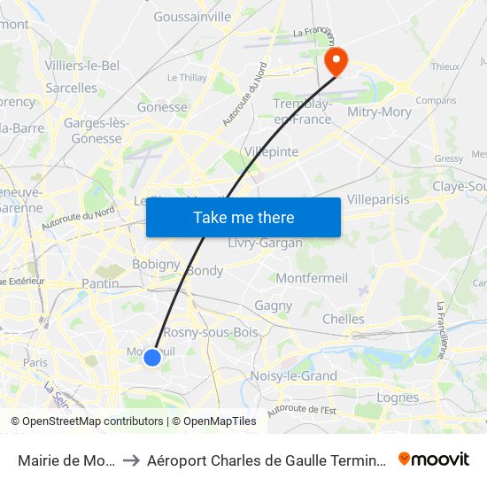 Mairie de Montreuil to Aéroport Charles de Gaulle Terminal 2E portes L map