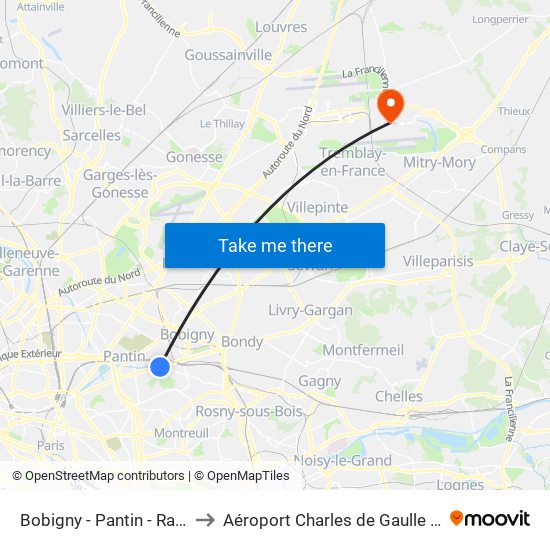 Bobigny - Pantin - Raymond Queneau to Aéroport Charles de Gaulle Terminal 2E portes L map