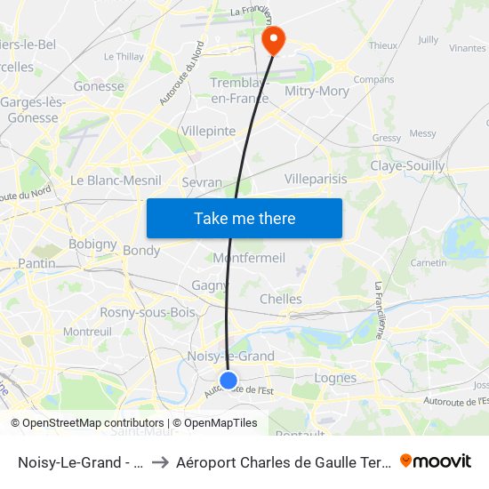 Noisy-Le-Grand - Mont D'Est to Aéroport Charles de Gaulle Terminal 2E portes L map