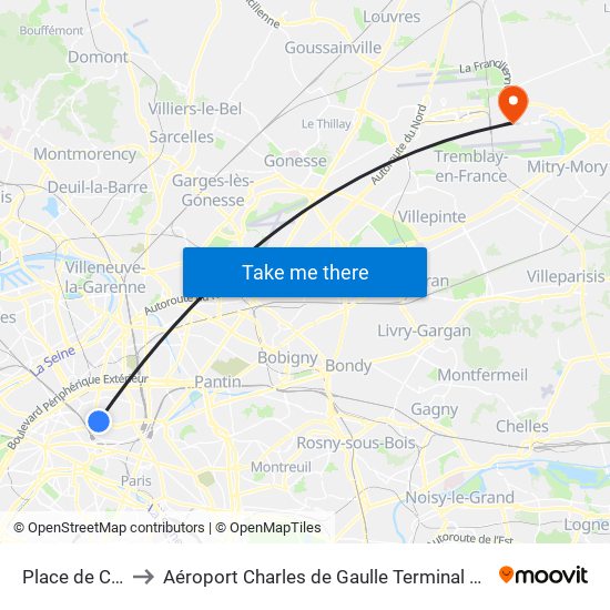 Place de Clichy to Aéroport Charles de Gaulle Terminal 2E portes L map