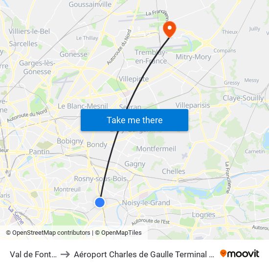 Val de Fontenay to Aéroport Charles de Gaulle Terminal 2E portes L map