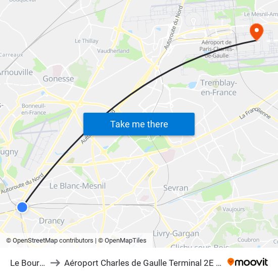 Le Bourget to Aéroport Charles de Gaulle Terminal 2E portes L map