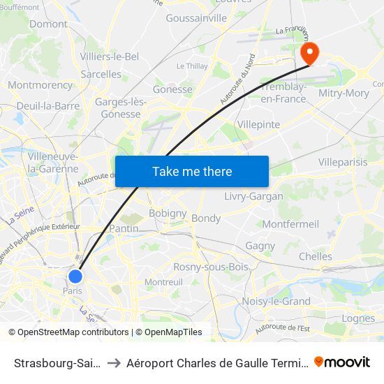 Strasbourg-Saint-Denis to Aéroport Charles de Gaulle Terminal 2E portes L map