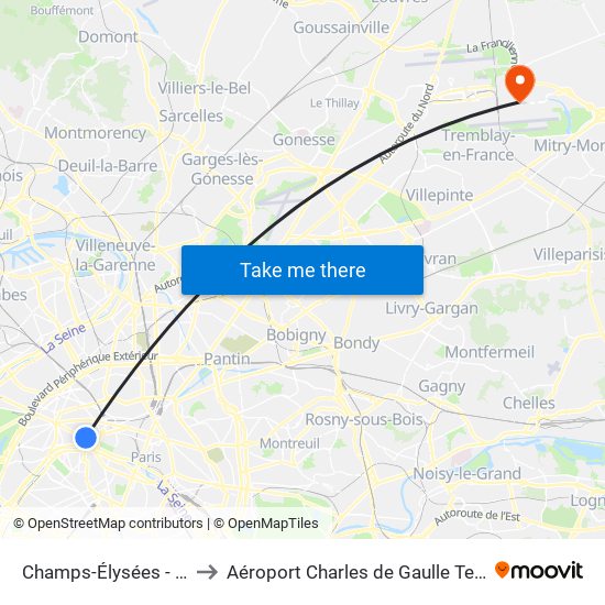 Champs-Élysées - Clemenceau to Aéroport Charles de Gaulle Terminal 2E portes L map