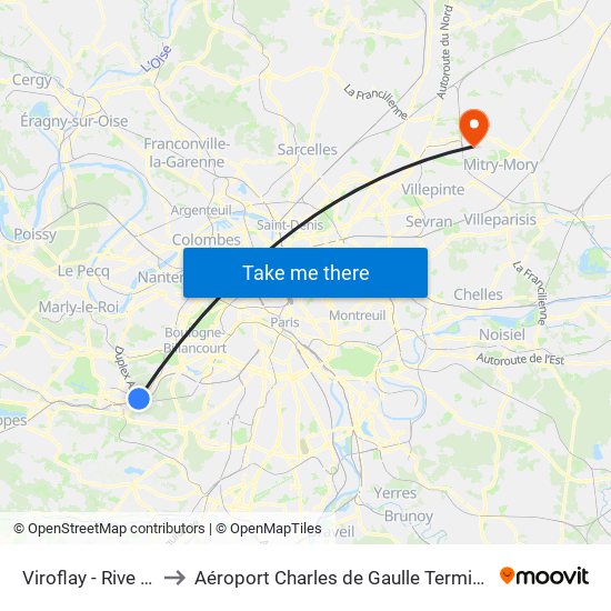 Viroflay - Rive Gauche to Aéroport Charles de Gaulle Terminal 2E portes L map