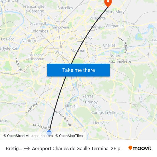 Brétigny to Aéroport Charles de Gaulle Terminal 2E portes L map