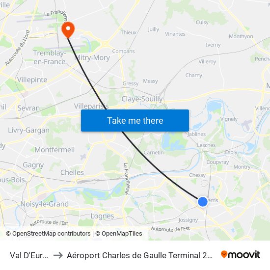 Val D'Europe to Aéroport Charles de Gaulle Terminal 2E portes L map