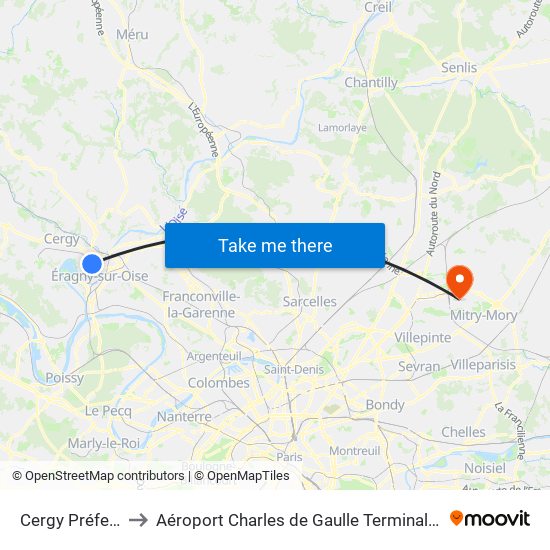 Cergy Préfecture to Aéroport Charles de Gaulle Terminal 2E portes L map