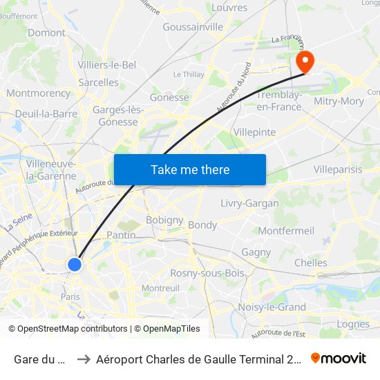 Gare du Nord to Aéroport Charles de Gaulle Terminal 2E portes L map