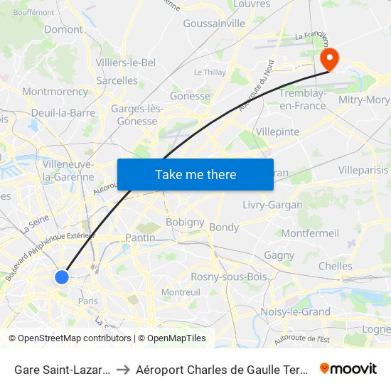 Gare Saint-Lazare – Havre to Aéroport Charles de Gaulle Terminal 2E portes L map