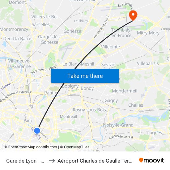 Gare de Lyon - Van Gogh to Aéroport Charles de Gaulle Terminal 2E portes L map