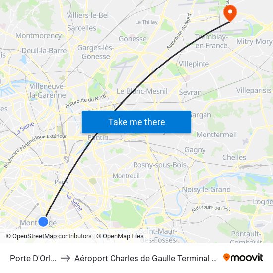 Porte D'Orléans to Aéroport Charles de Gaulle Terminal 2E portes L map