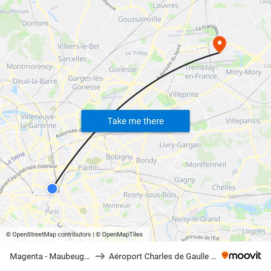 Magenta - Maubeuge - Gare du Nord to Aéroport Charles de Gaulle Terminal 2E portes L map