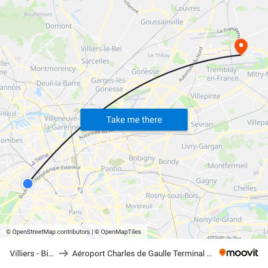 Villiers - Bineau to Aéroport Charles de Gaulle Terminal 2E portes L map