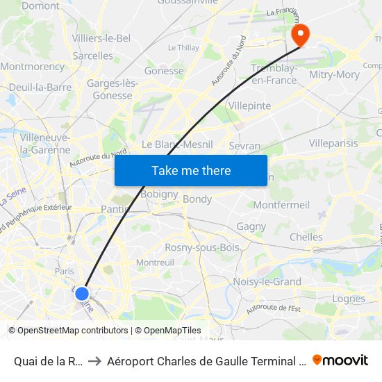 Quai de la Rapée to Aéroport Charles de Gaulle Terminal 2E portes L map