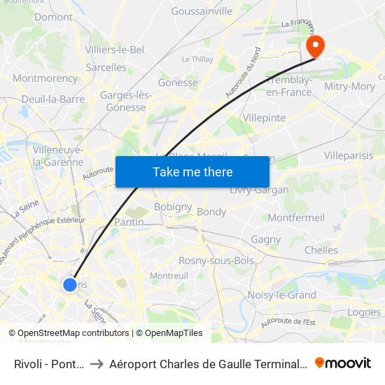 Rivoli - Pont Neuf to Aéroport Charles de Gaulle Terminal 2E portes L map