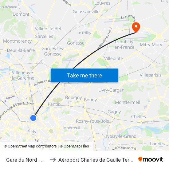 Gare du Nord - Dunkerque to Aéroport Charles de Gaulle Terminal 2E portes L map