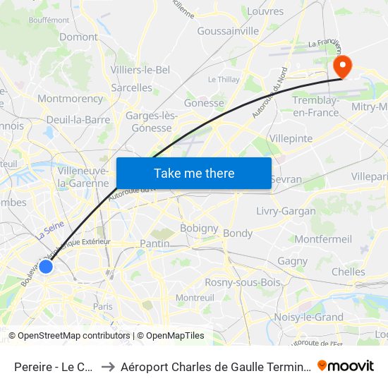 Pereire - Le Chatelier to Aéroport Charles de Gaulle Terminal 2E portes L map