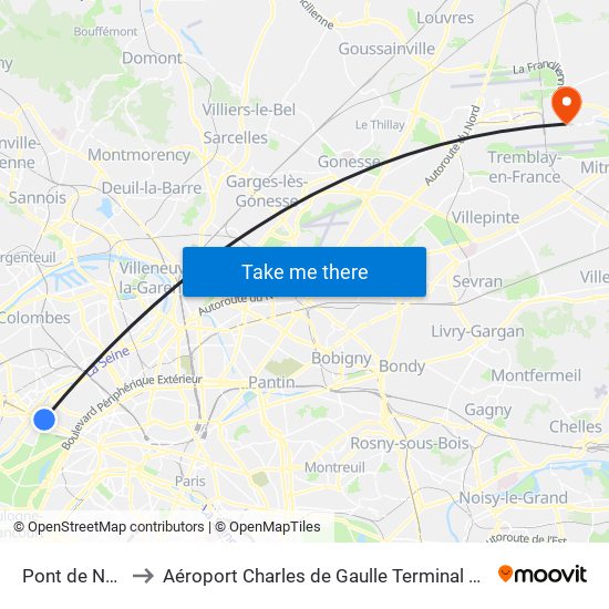 Pont de Neuilly to Aéroport Charles de Gaulle Terminal 2E portes L map