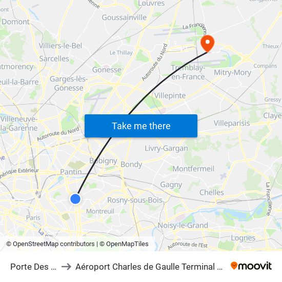 Porte Des Lilas to Aéroport Charles de Gaulle Terminal 2E portes L map
