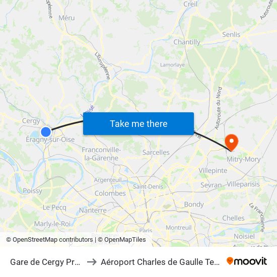 Gare de Cergy Préfecture (C) to Aéroport Charles de Gaulle Terminal 2E portes L map