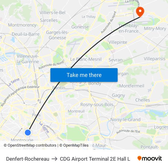 Denfert-Rochereau to CDG Airport Terminal 2E Hall L map