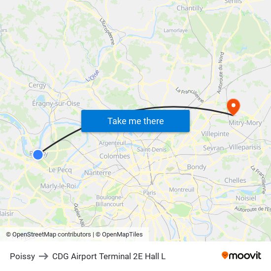 Poissy to CDG Airport Terminal 2E Hall L map