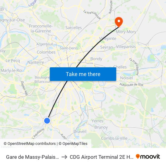 Gare de Massy-Palaiseau to CDG Airport Terminal 2E Hall L map