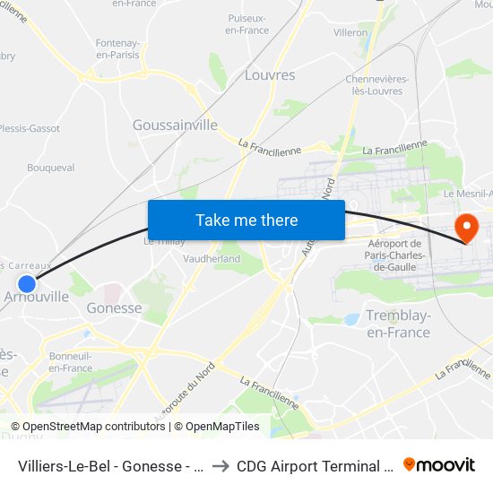 Villiers-Le-Bel - Gonesse - Arnouville to CDG Airport Terminal 2E Hall L map