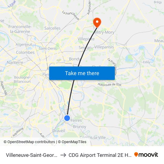 Villeneuve-Saint-Georges to CDG Airport Terminal 2E Hall L map