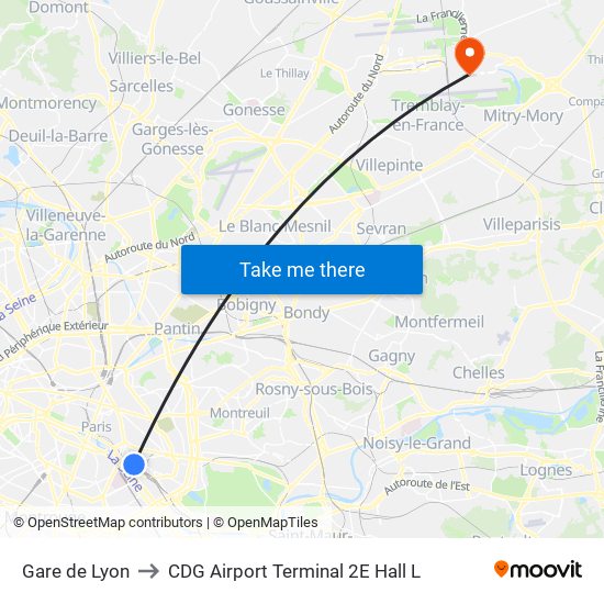 Gare de Lyon to CDG Airport Terminal 2E Hall L map