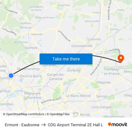 Ermont - Eaubonne to CDG Airport Terminal 2E Hall L map