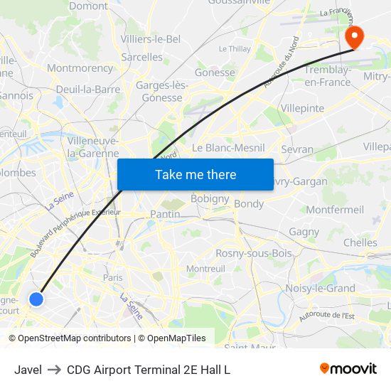 Javel to CDG Airport Terminal 2E Hall L map