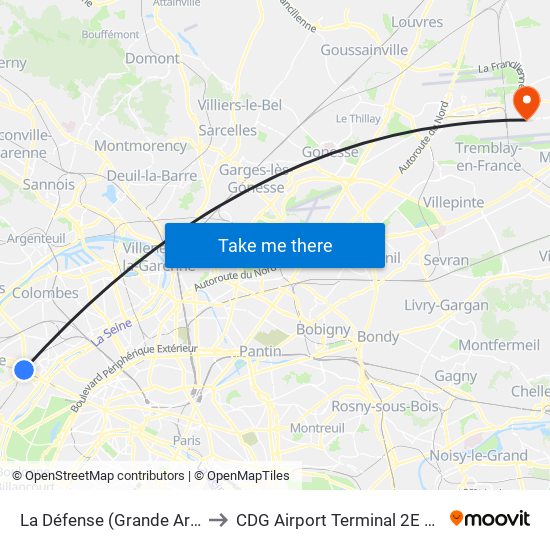 La Défense (Grande Arche) to CDG Airport Terminal 2E Hall L map