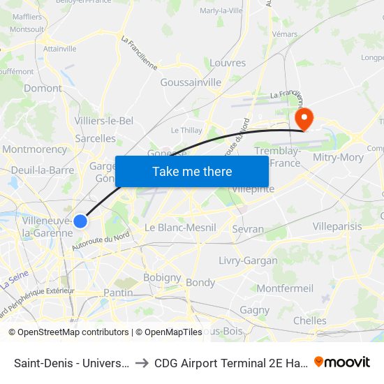 Saint-Denis - Université to CDG Airport Terminal 2E Hall L map