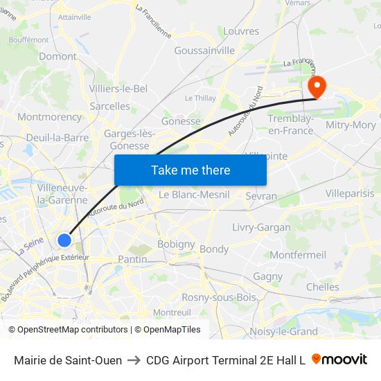 Mairie de Saint-Ouen to CDG Airport Terminal 2E Hall L map