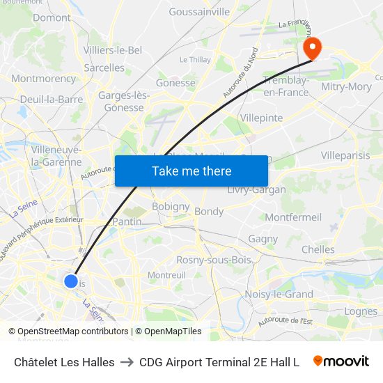 Châtelet Les Halles to CDG Airport Terminal 2E Hall L map