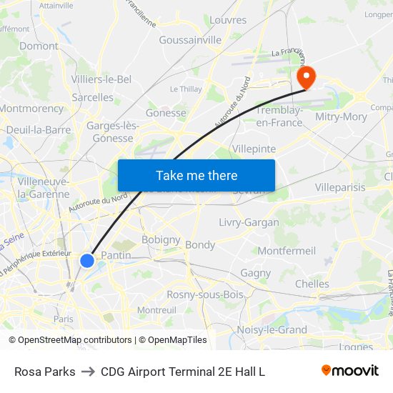 Rosa Parks to CDG Airport Terminal 2E Hall L map