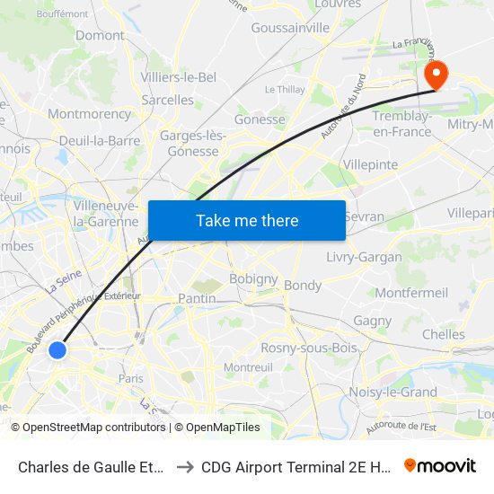Charles de Gaulle Etoile to CDG Airport Terminal 2E Hall L map