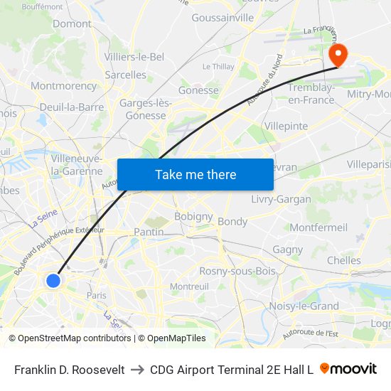 Franklin D. Roosevelt to CDG Airport Terminal 2E Hall L map