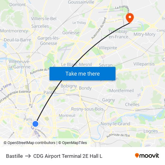 Bastille to CDG Airport Terminal 2E Hall L map