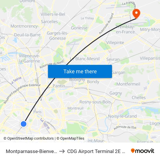Montparnasse-Bienvenue to CDG Airport Terminal 2E Hall L map