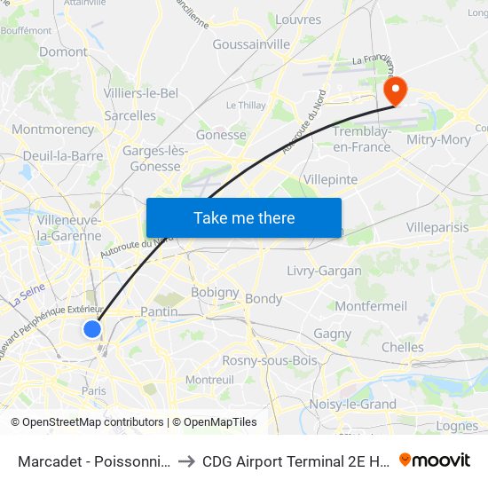 Marcadet - Poissonniers to CDG Airport Terminal 2E Hall L map