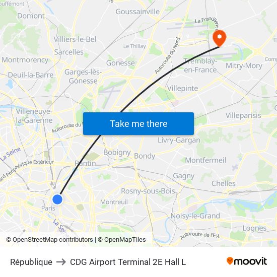 République to CDG Airport Terminal 2E Hall L map