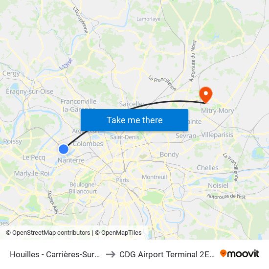 Houilles - Carrières-Sur-Seine to CDG Airport Terminal 2E Hall L map