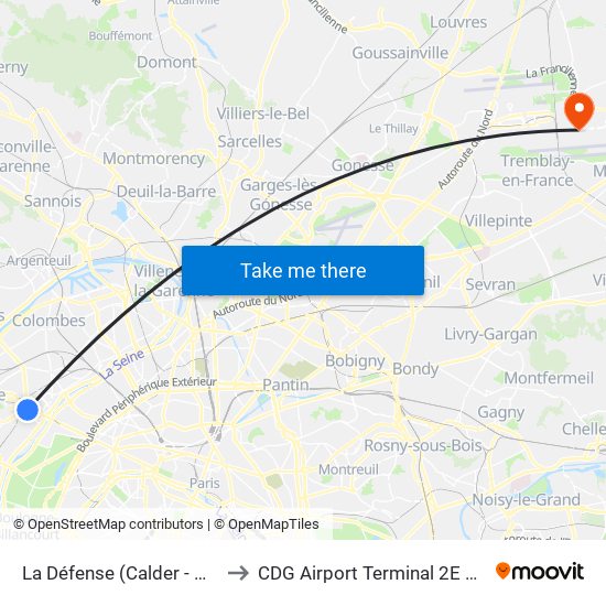 La Défense (Calder - Miro) to CDG Airport Terminal 2E Hall L map