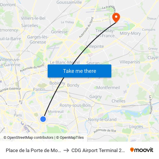 Place de la Porte de Montreuil to CDG Airport Terminal 2E Hall L map