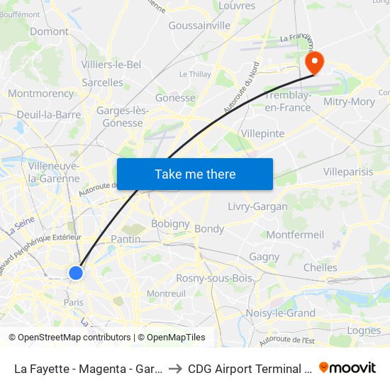 La Fayette - Magenta - Gare du Nord to CDG Airport Terminal 2E Hall L map