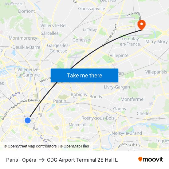 Paris - Opéra to CDG Airport Terminal 2E Hall L map