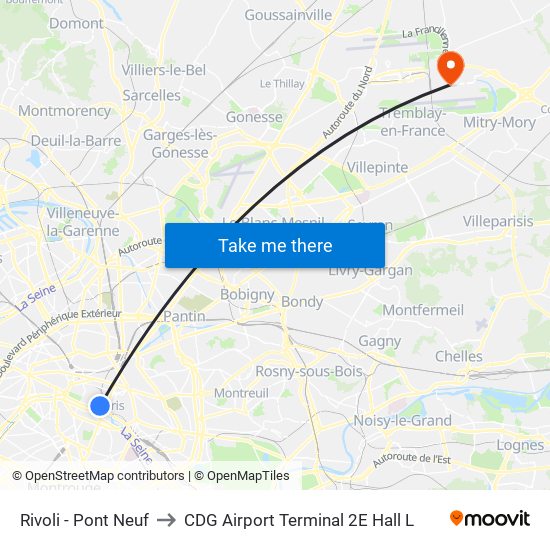 Rivoli - Pont Neuf to CDG Airport Terminal 2E Hall L map